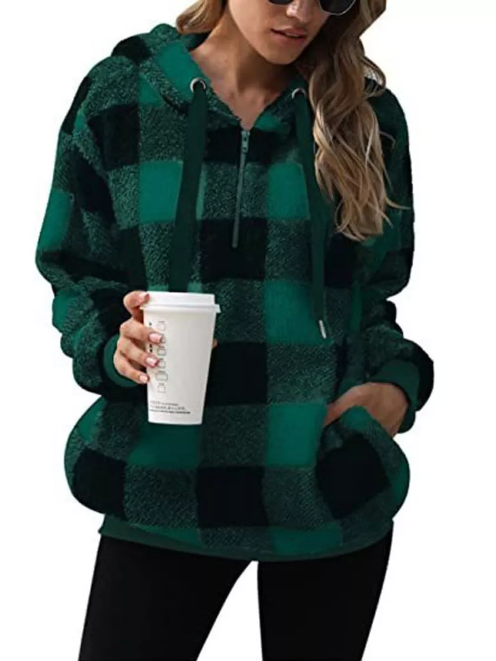 Full Size Plaid Sherpa Drawstring Hoodie Plus Size, image 10