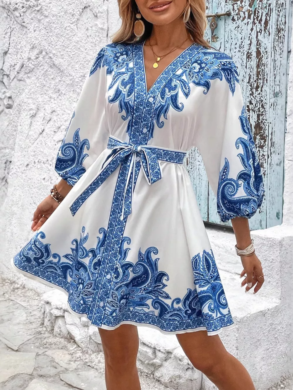 Paisley Print V-Neck Belted Mini Dress, image 5