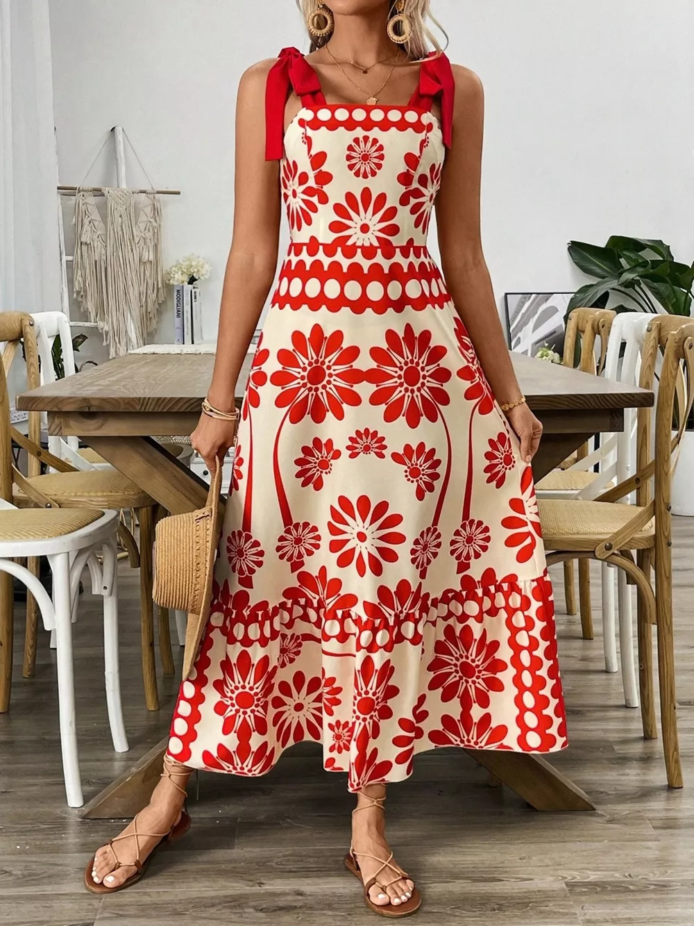 Floral Print Tie-Shoulder Midi Dress, image 2