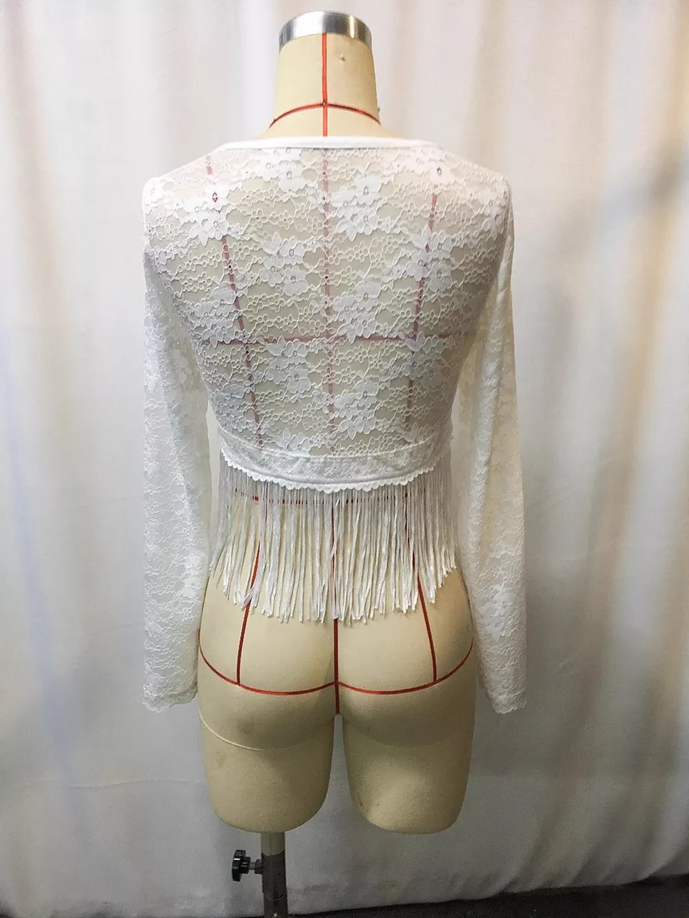 Full Size Fringe Hem Lace Long Sleeve Top Plus Size, image 4