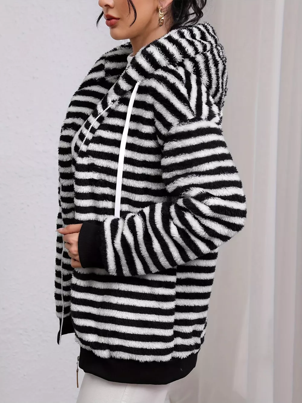 Striped Plush Zip-Up Hooded Outerwear, image 3