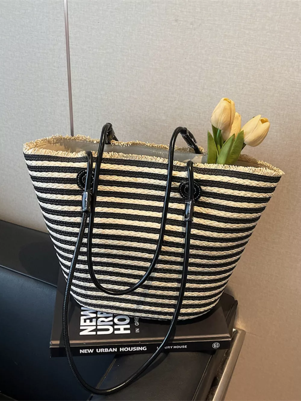 Striped Woven Straw Shoulder Bag, image 4