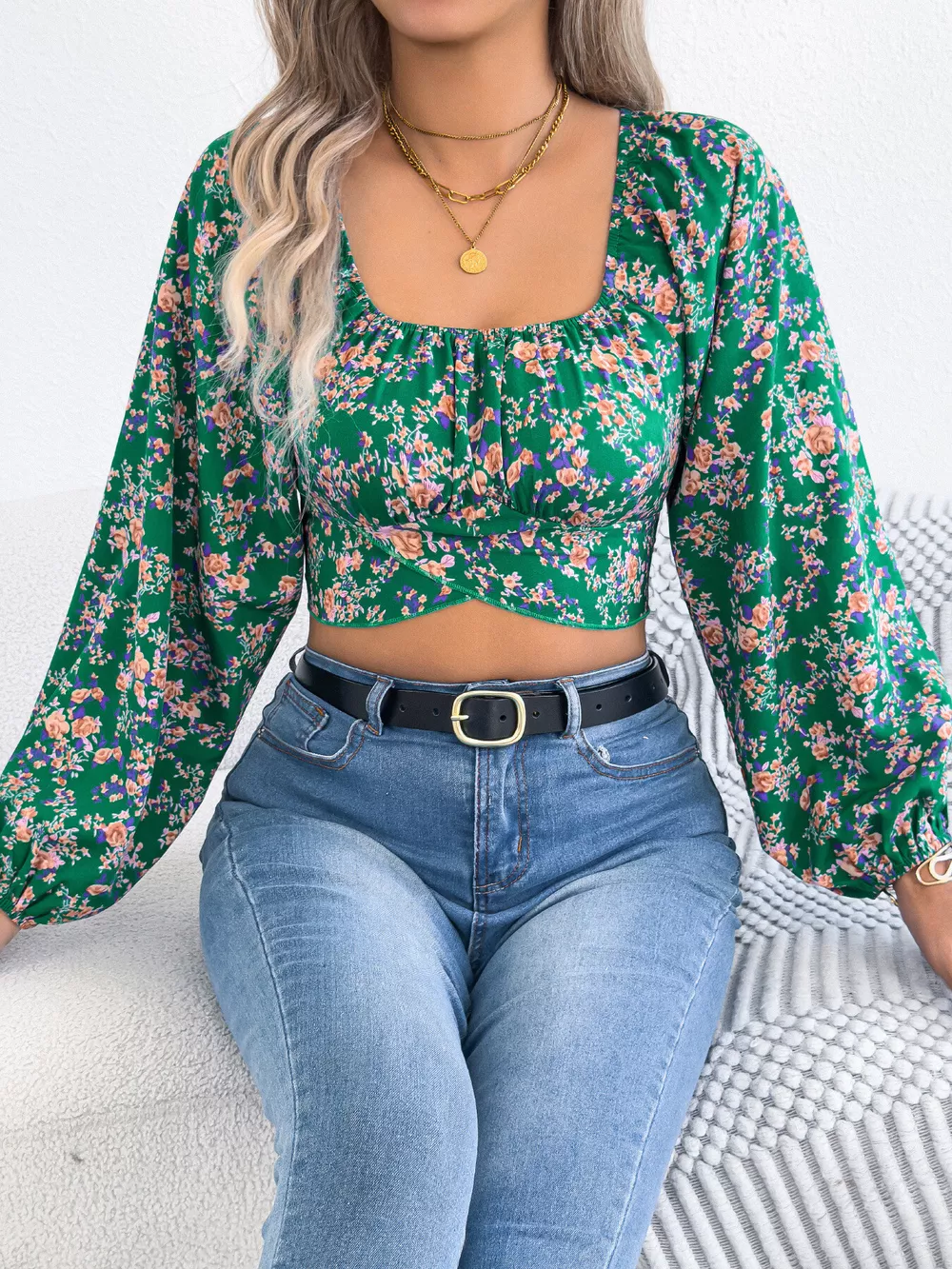 Floral Balloon Sleeve Square Neck Crop Blouse, image 12