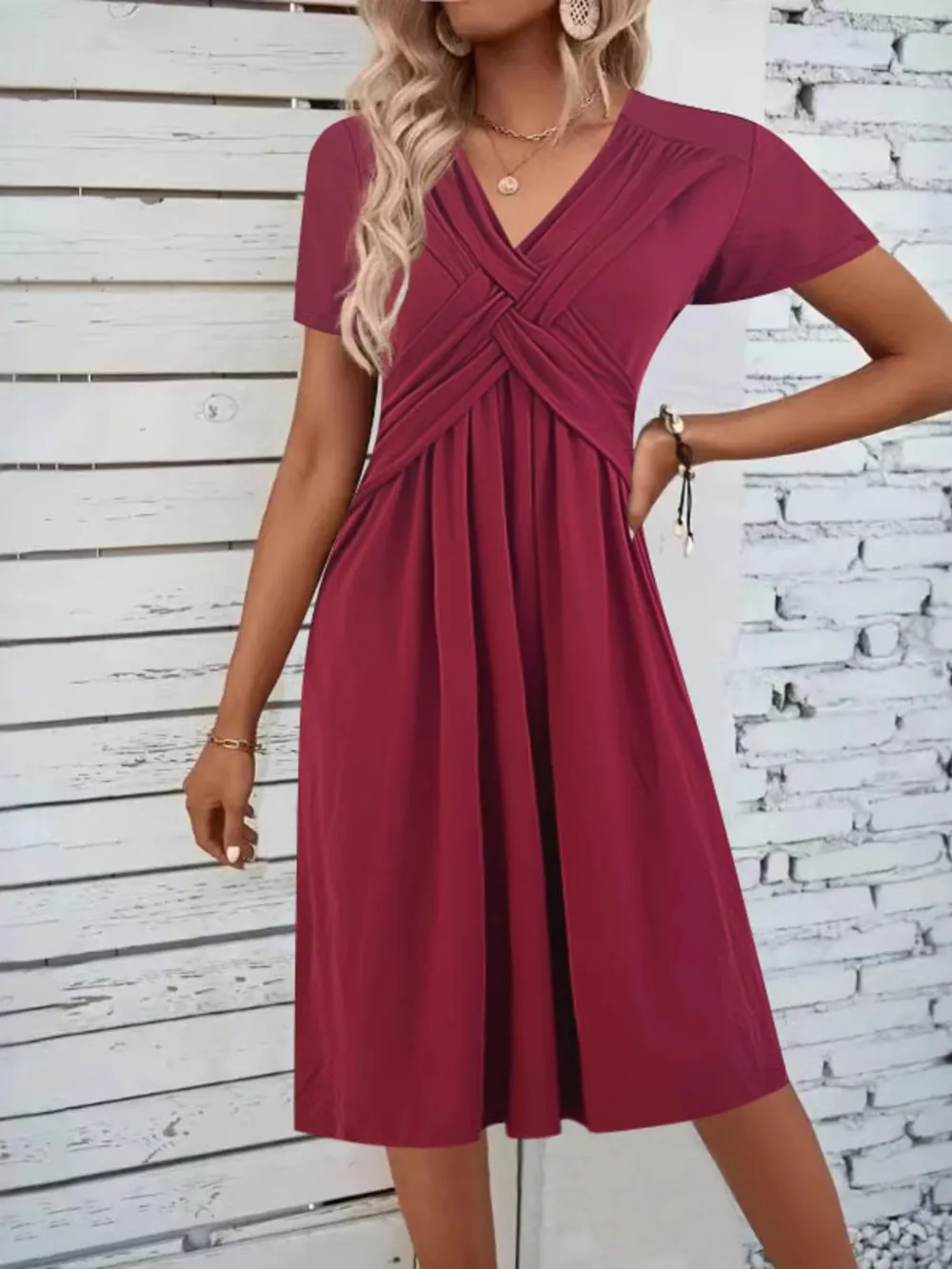 V-Neck Short Sleeve Midi Dress, image 7