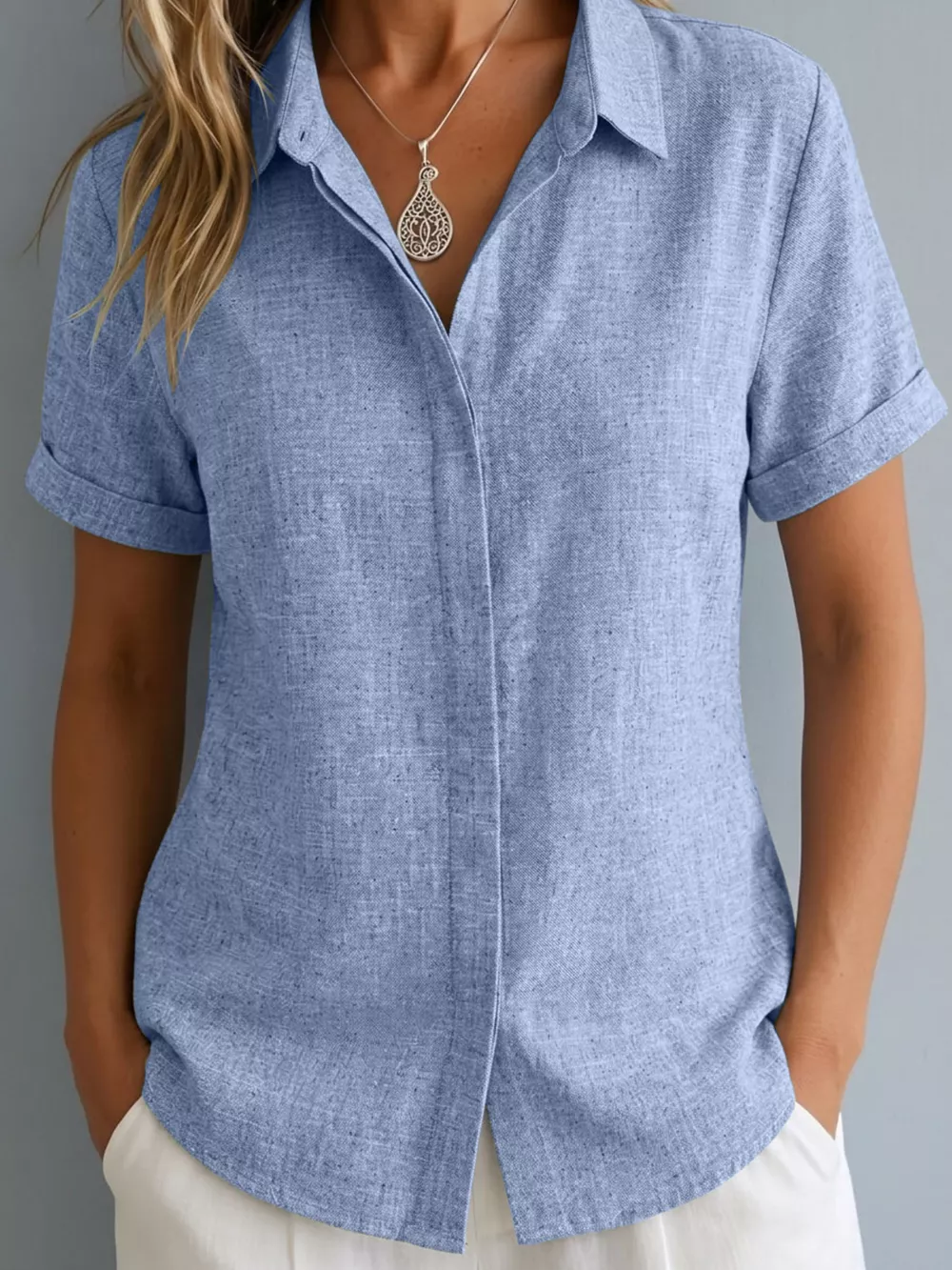 Full Size Collared Neck Short Sleeve Shirt Plus Size, image 12