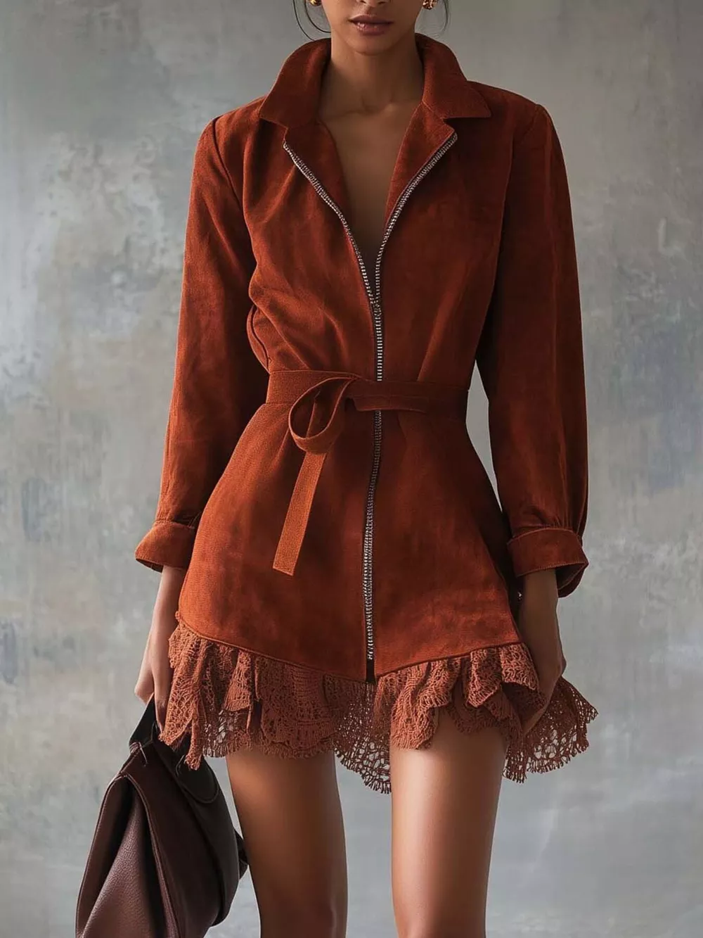 Lace-Trim Zip Front Dress