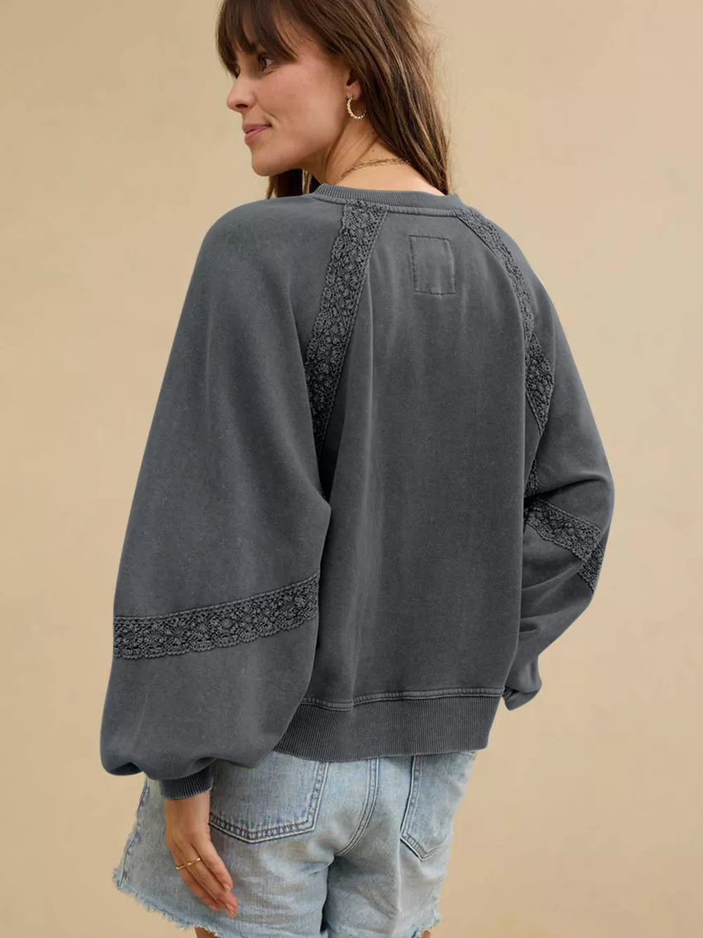 Lace Patchwork Detail Notched Mineral Wash Sweatshirt, image 4