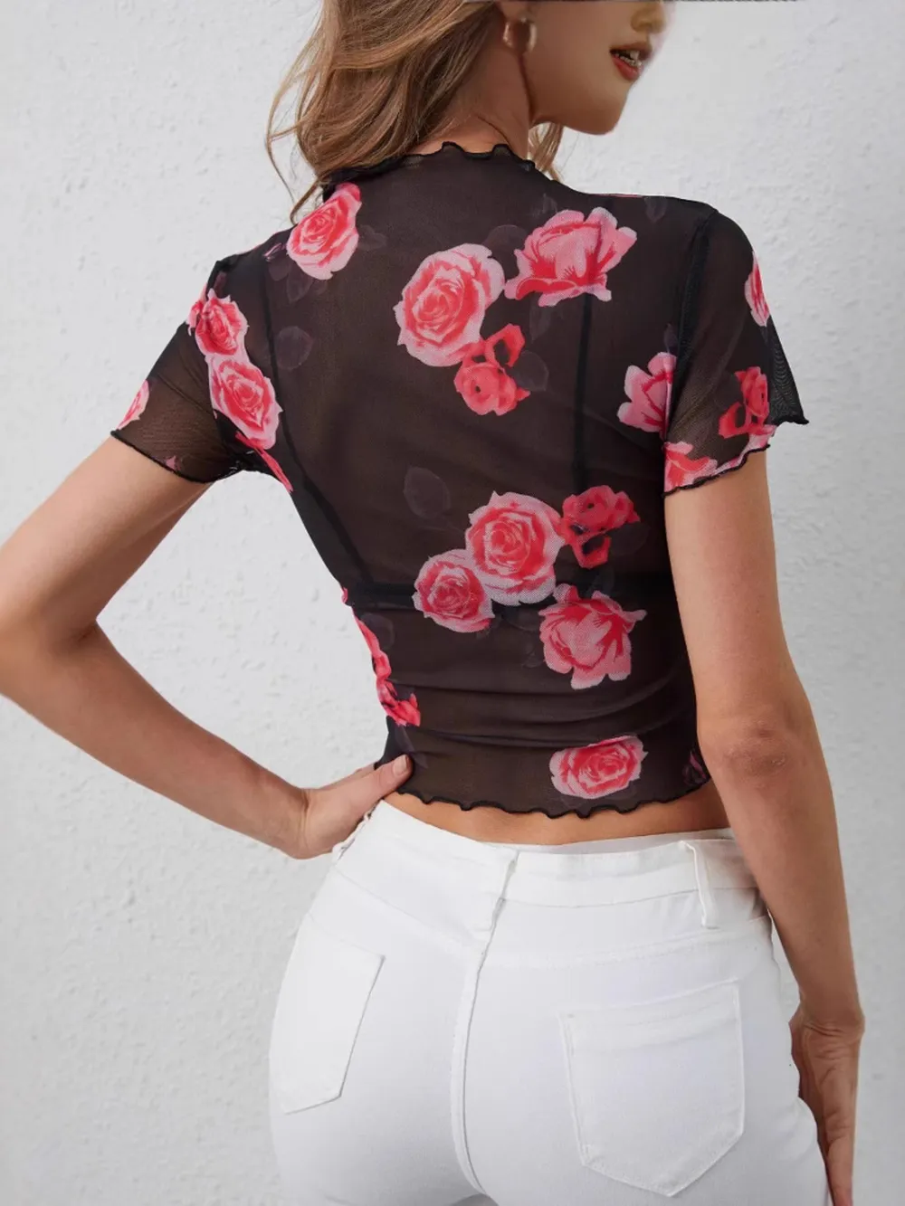 Mesh Rose Print Fitted T-Shirt, image 2