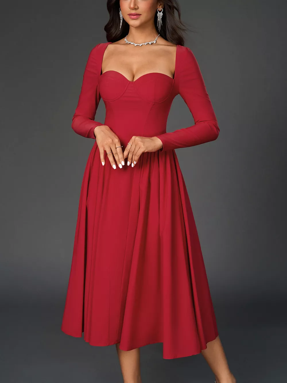 Sweetheart Neckline Long Sleeve A-Line Midi Dress, image 4