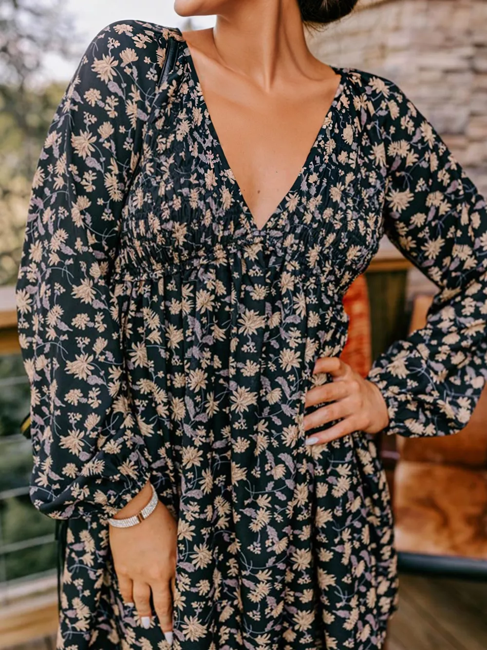 Floral Deep V Neck Smocked Bust Bubble Sleeve Babydoll Dress, image 6