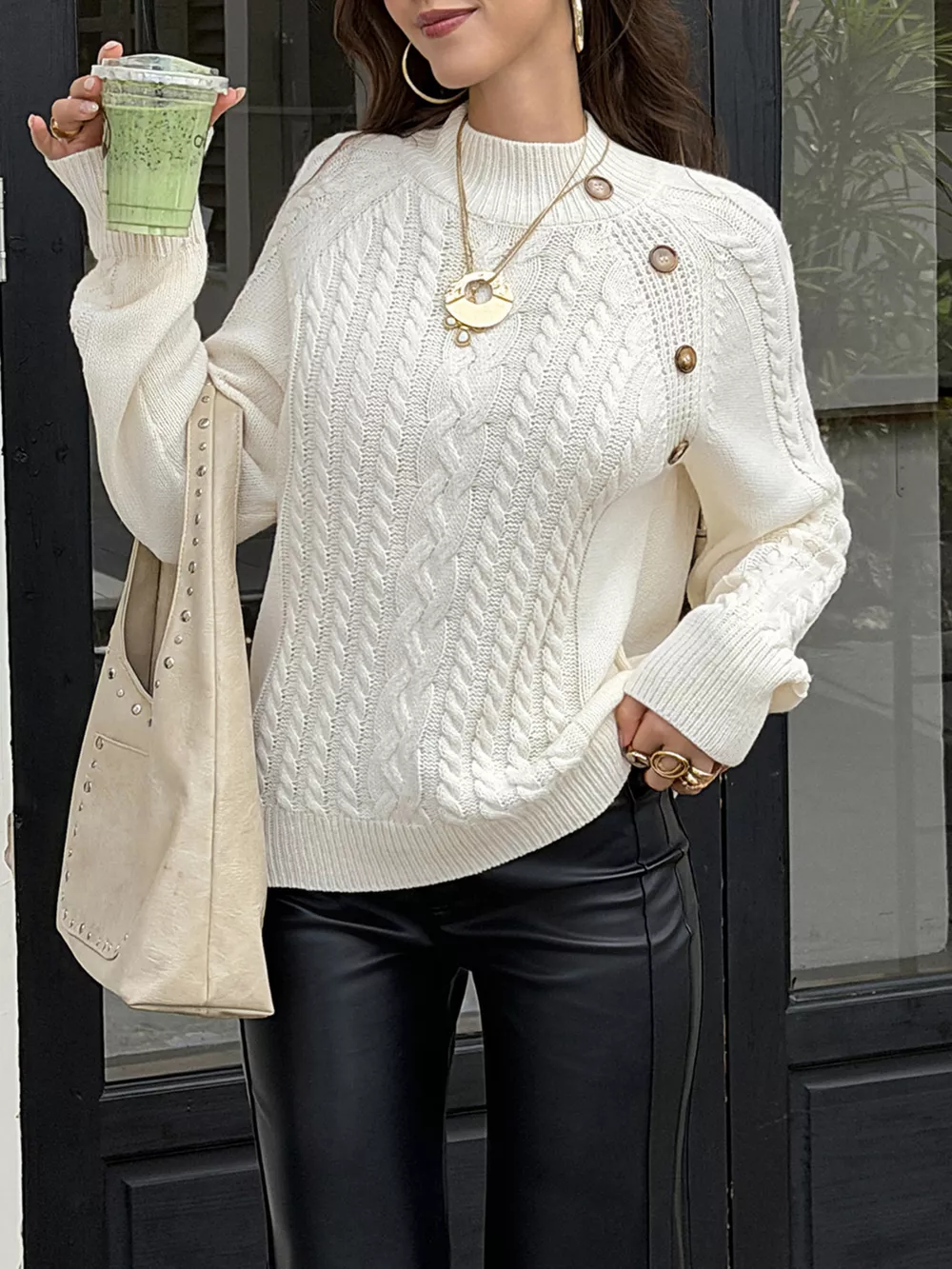 Mock Neck Cable-Knit Sweater, image 2