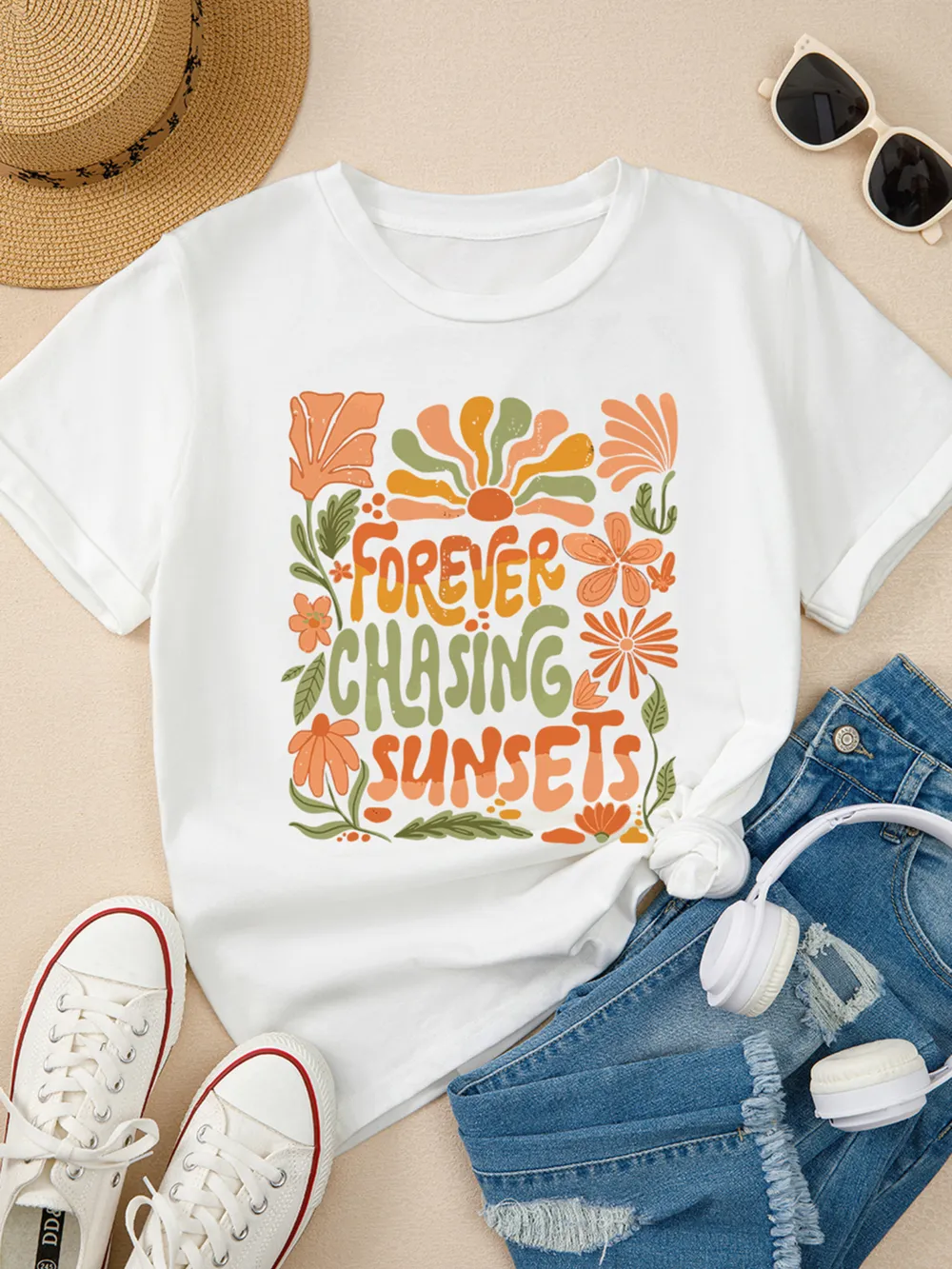 FOREVER CHASING SUNSETS Round Neck T Shirt, image 2