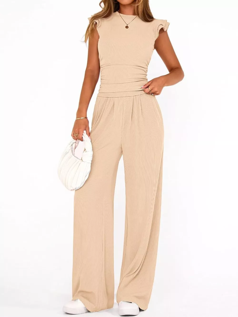 Ruffled Mock Neck Top and Wide Leg Pants Set
