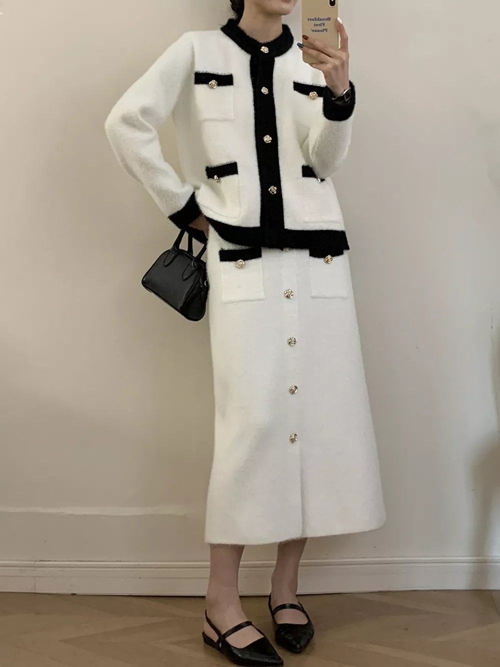 Contrast Trim Jacket and Skirts Sweater Set, image 8