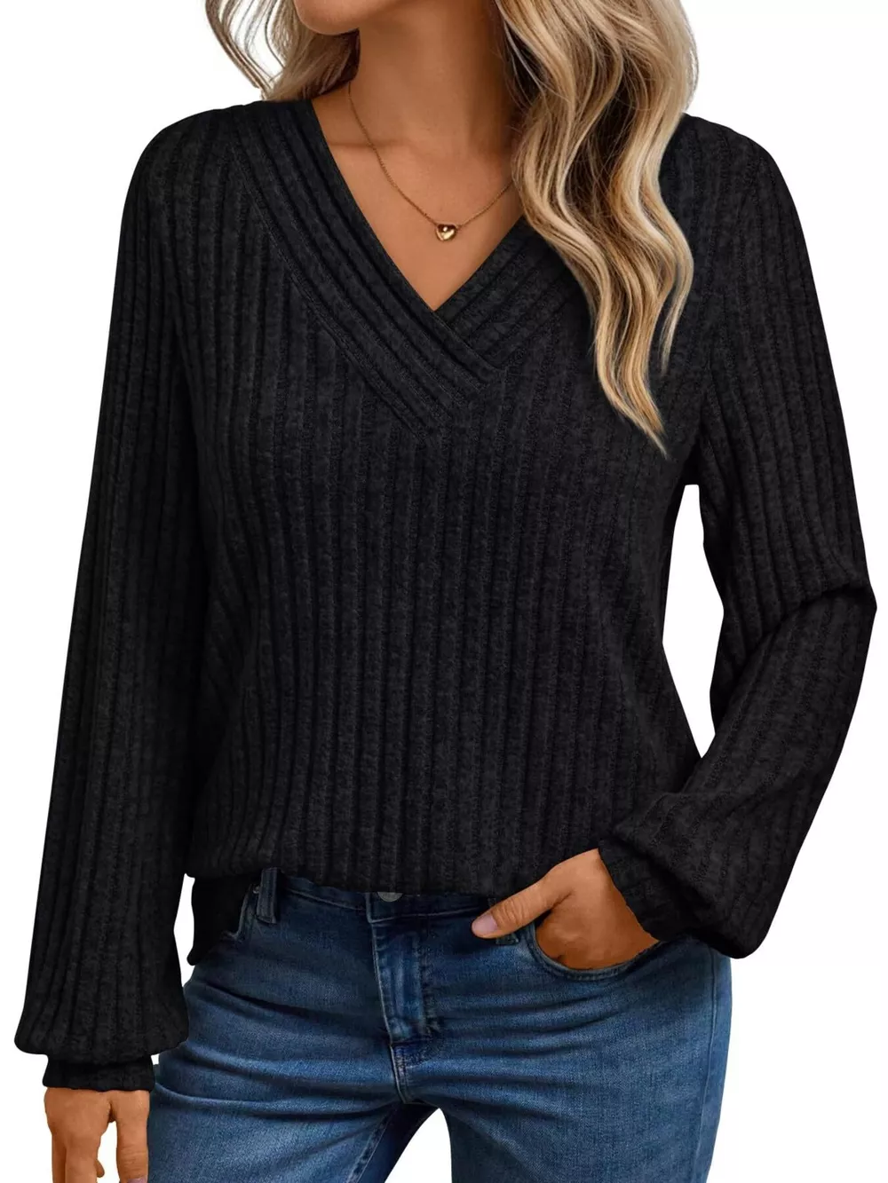 Ribbed Knit V-Neck Long Sleeve T-Shirt, image 12