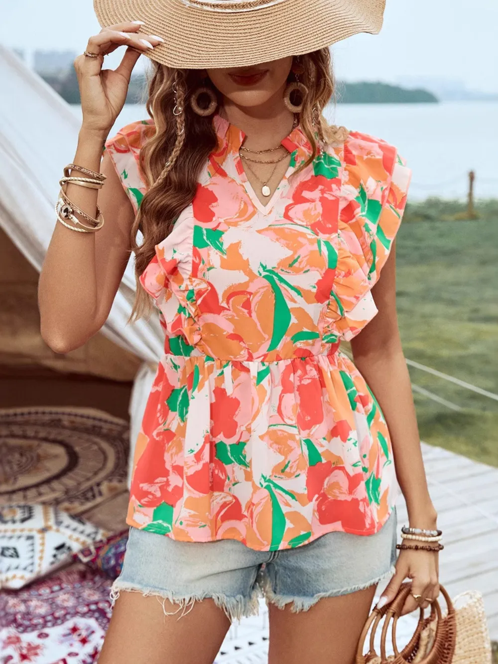 Floral Ruffle Cap Sleeve Blouse, image 6