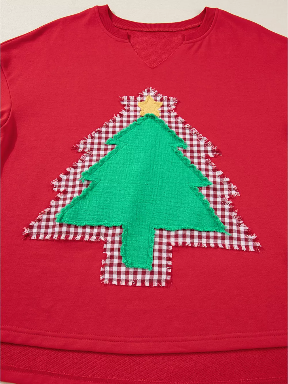 Plaid Frayed Double Christmas Tree Patched Drop Shoulder Sweatshirt, image 9