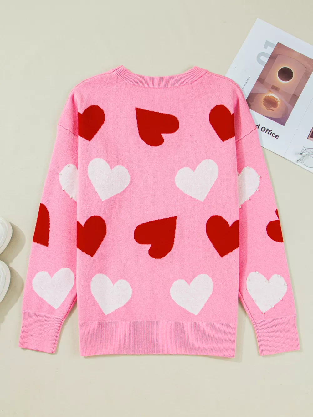 Pearl Embellished Heart Pattern Valentines Day Sweater, image 7