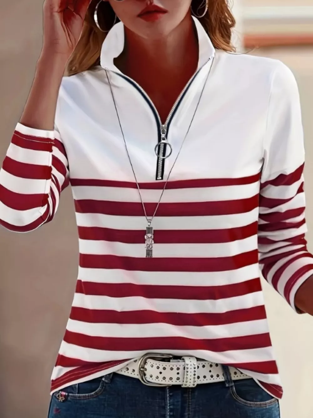 Quarter-Zip Striped Long Sleeve T-Shirt, image 7