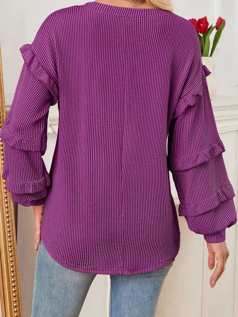 Round Neck Ruffled Long Sleeve Sweatshirt, image 9