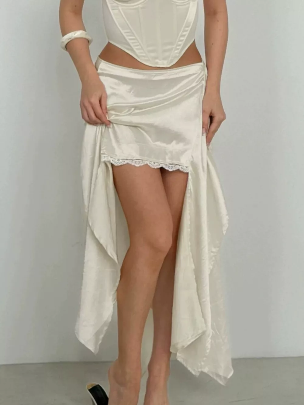 Satin High-Low Lace Trim Skirt, image 4