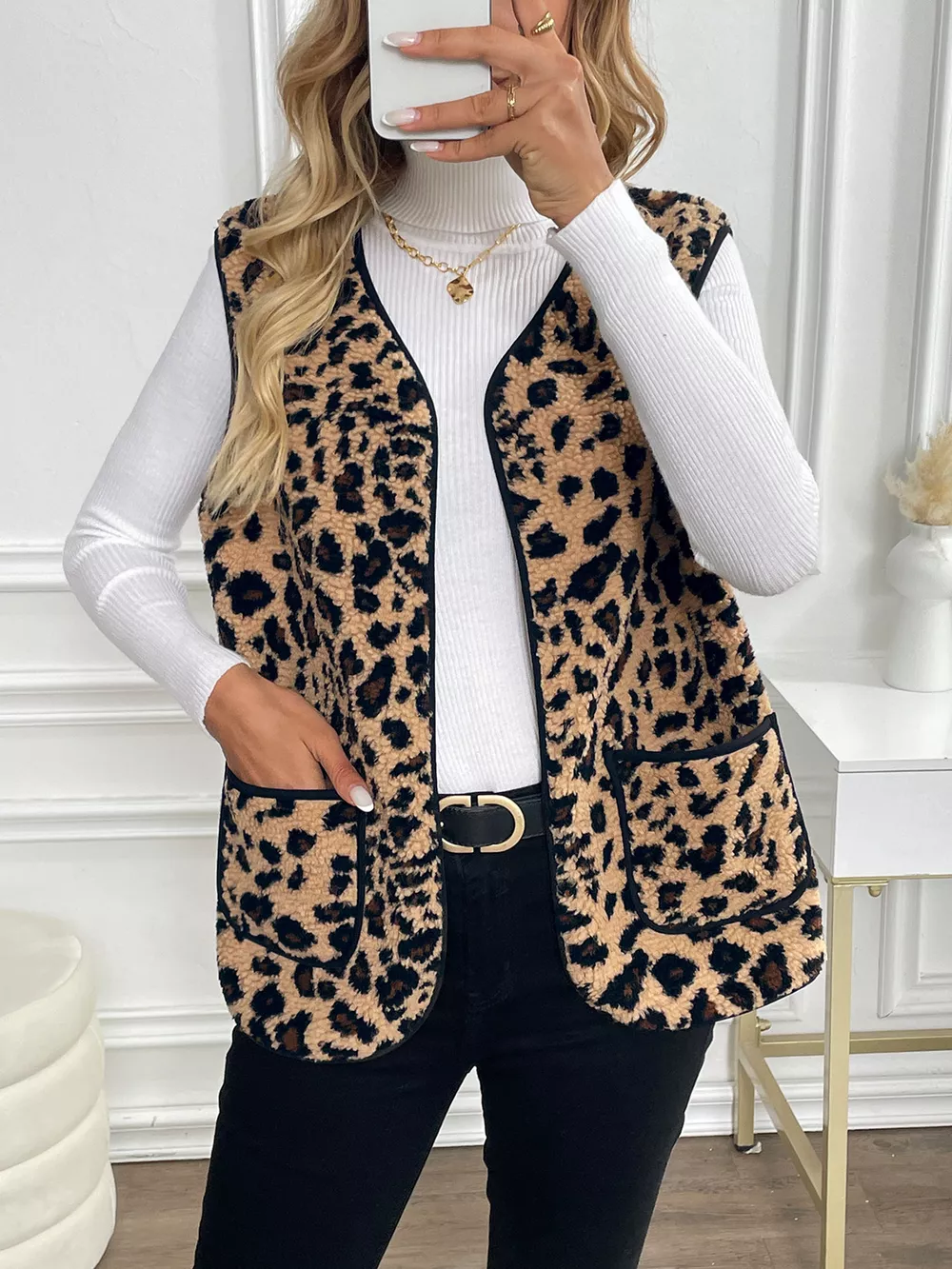 Leopard Fleece Vest Coat with Pockets, image 6