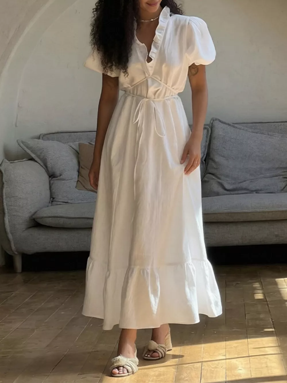 Full Size Puff Sleeve Ruffle Trim Maxi Dress Plus Size, image 3