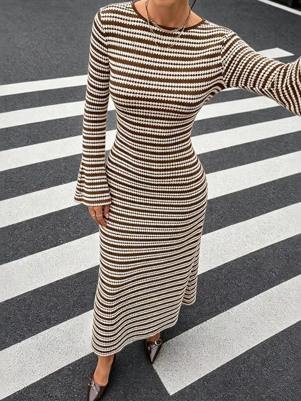 Striped Flare Sleeve Ribbed Knit Dress, image 2