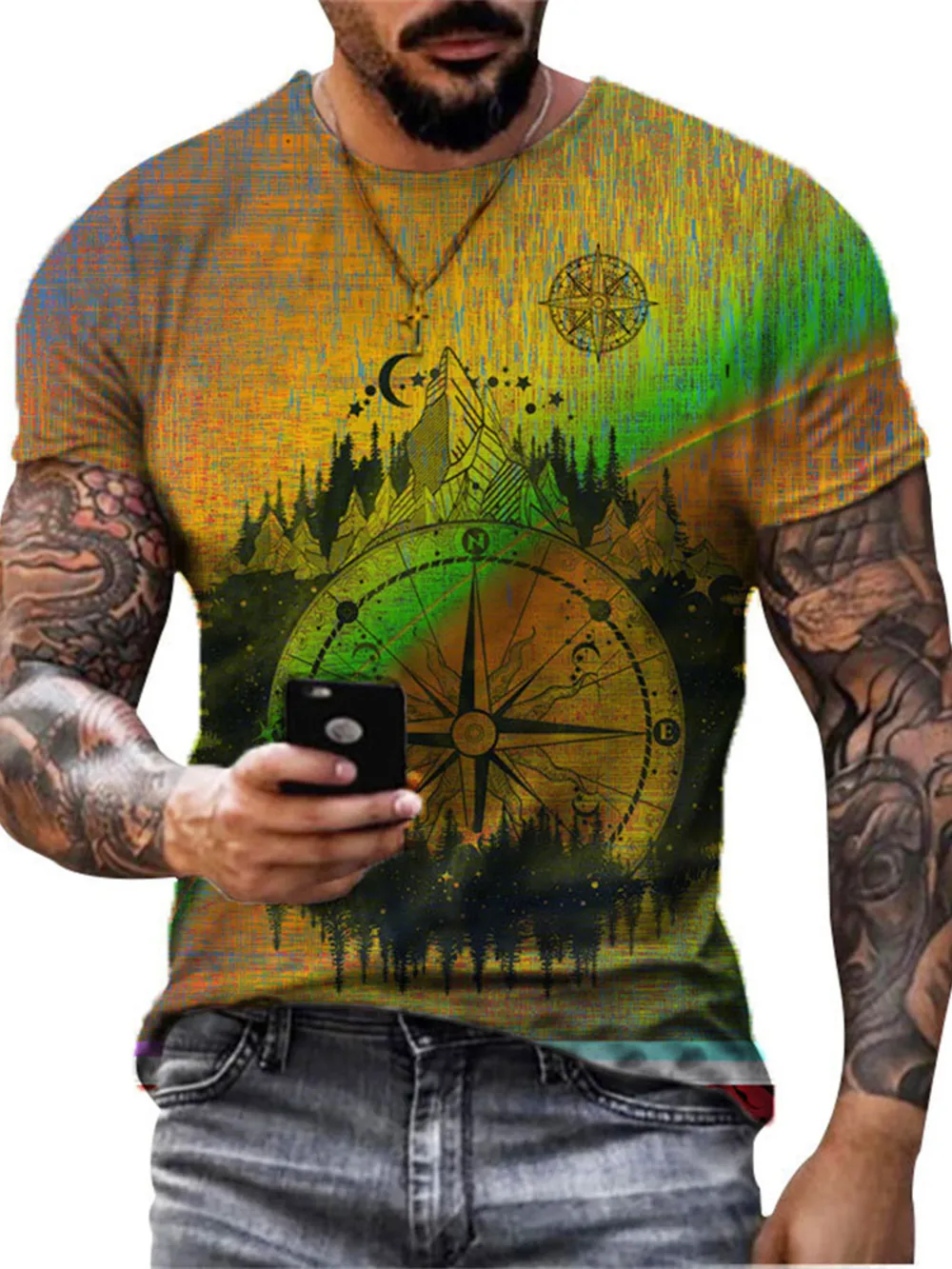 Men's Full Size Artistic Compass Graphic Round Neck T-Shirt Plus Size, image 9