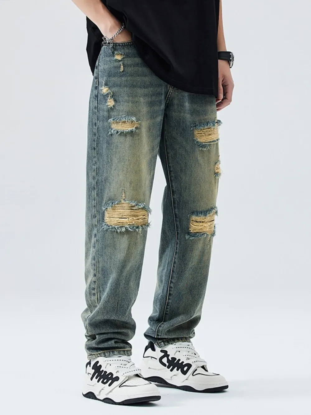 Men's Distressed Wide Leg Relaxed Fit Jeans, image 2