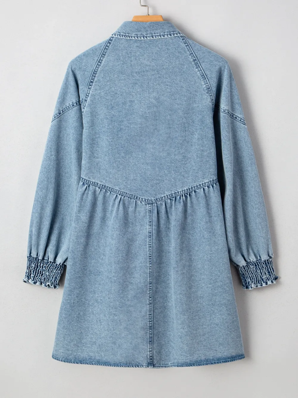 Button-Up Denim Shirt Dress with Smocked Cuffs, image 6