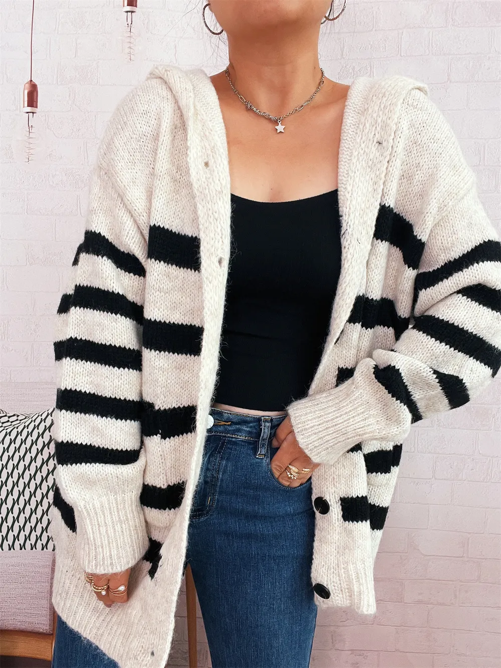 Striped Button-Up Hooded Cardigan, image 5