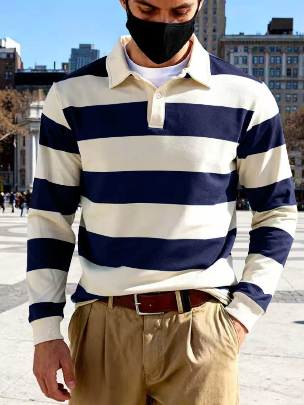 Men's Full Size Classic Striped Long-Sleeve Polo Plus Size, image 4