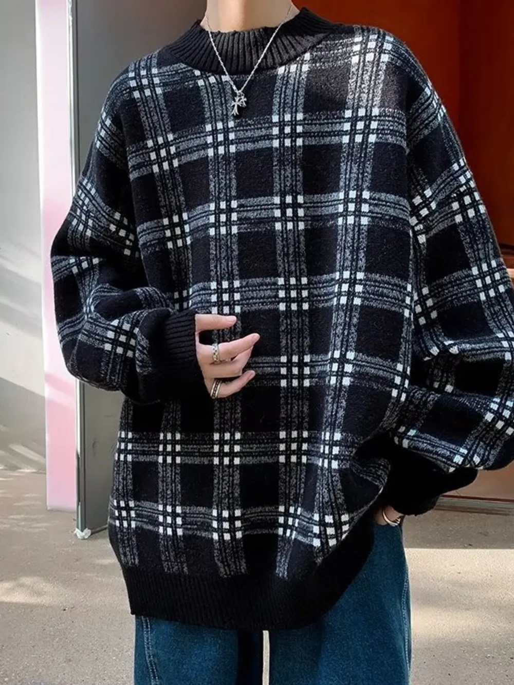 Men's Plaid Round Neck Long Sleeve Sweater