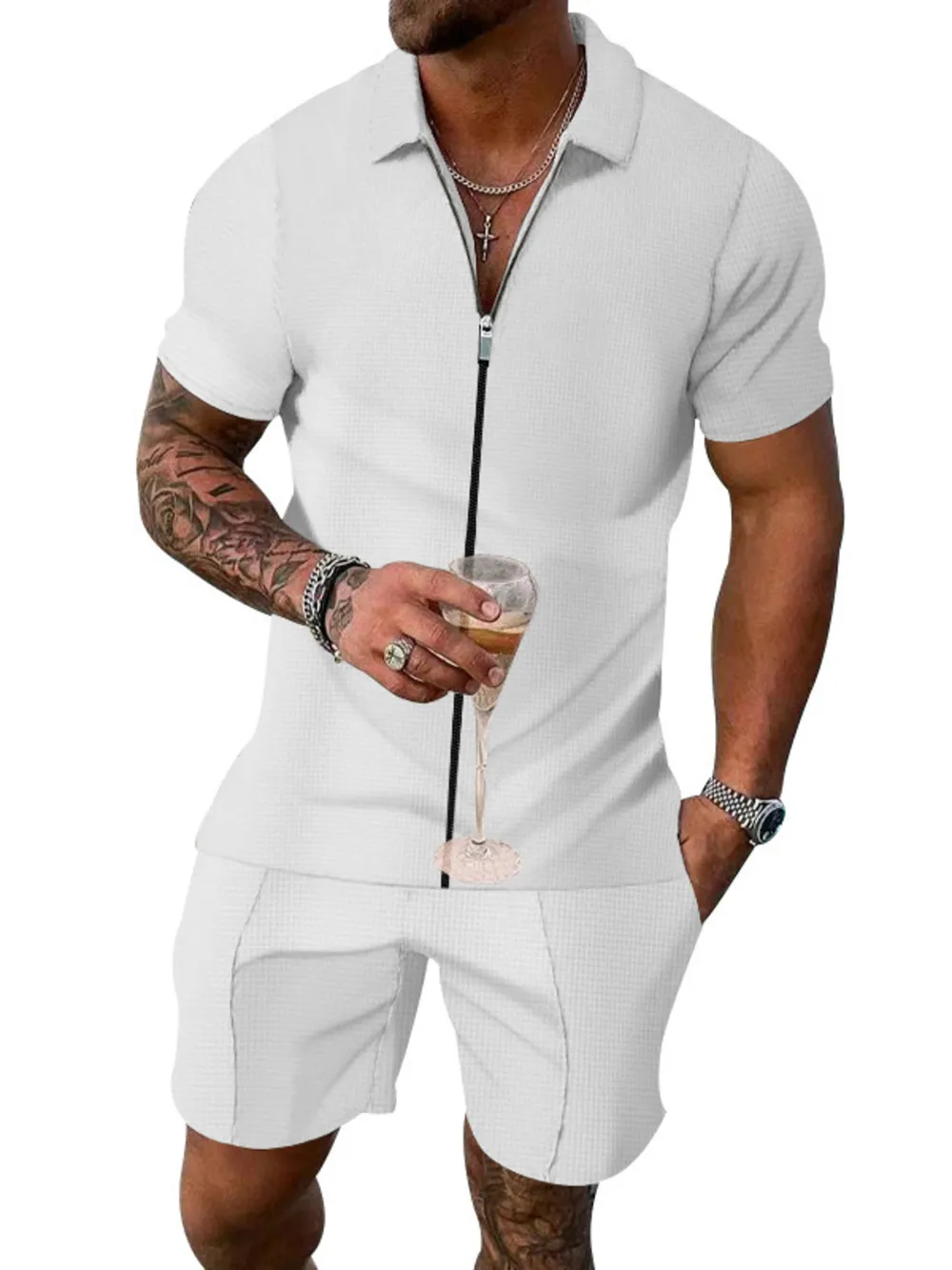 Men's Plus Size Zip Up Short Sleeve Top and Shorts Set, image 5