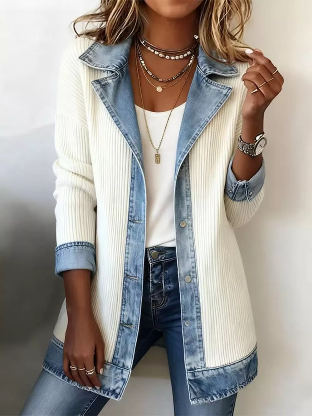 Full Size Denim Trim Ribbed Knit Jacket Plus Size, image 5