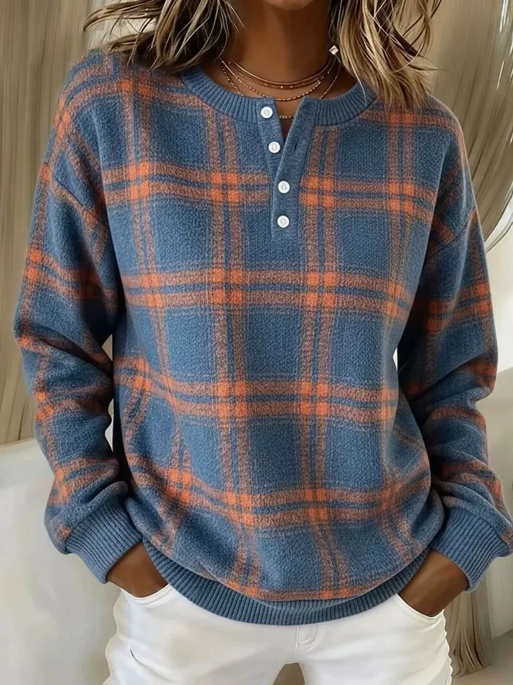 Full Size Plaid Button Detail Long Sleeve Sweatshirt Plus Size, image 2