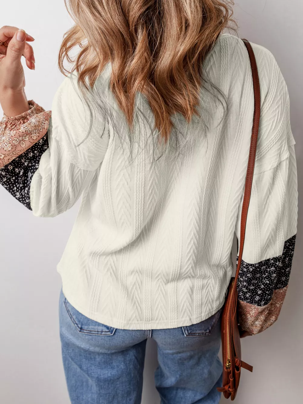 Floral Patchwork Textured Knit Drawstring V Neck Blouse, image 4