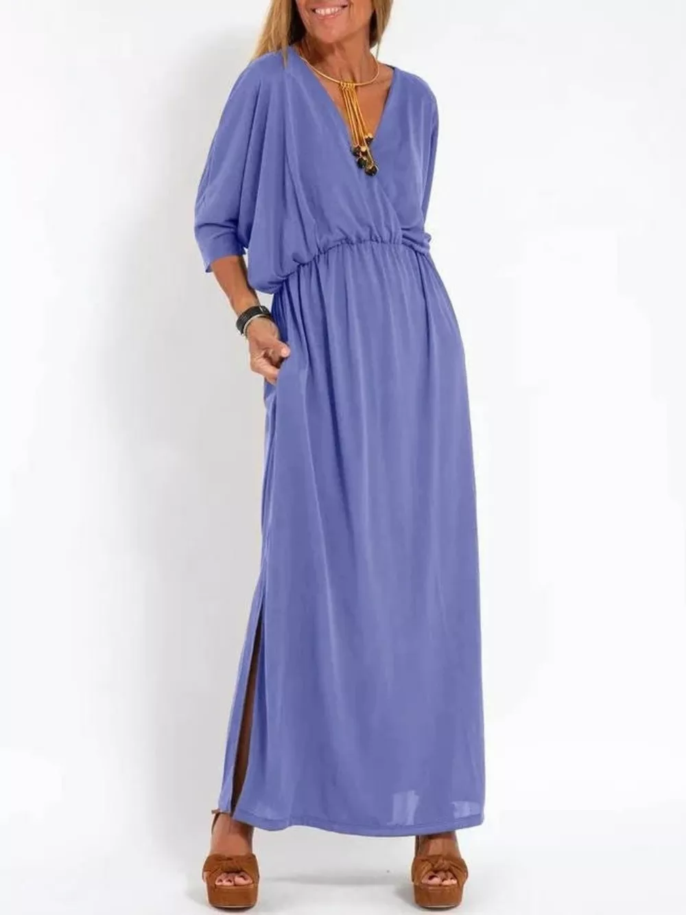 Full Size V-Neck Batwing Sleeve Maxi Dress with Side Slits Plus Size, image 13