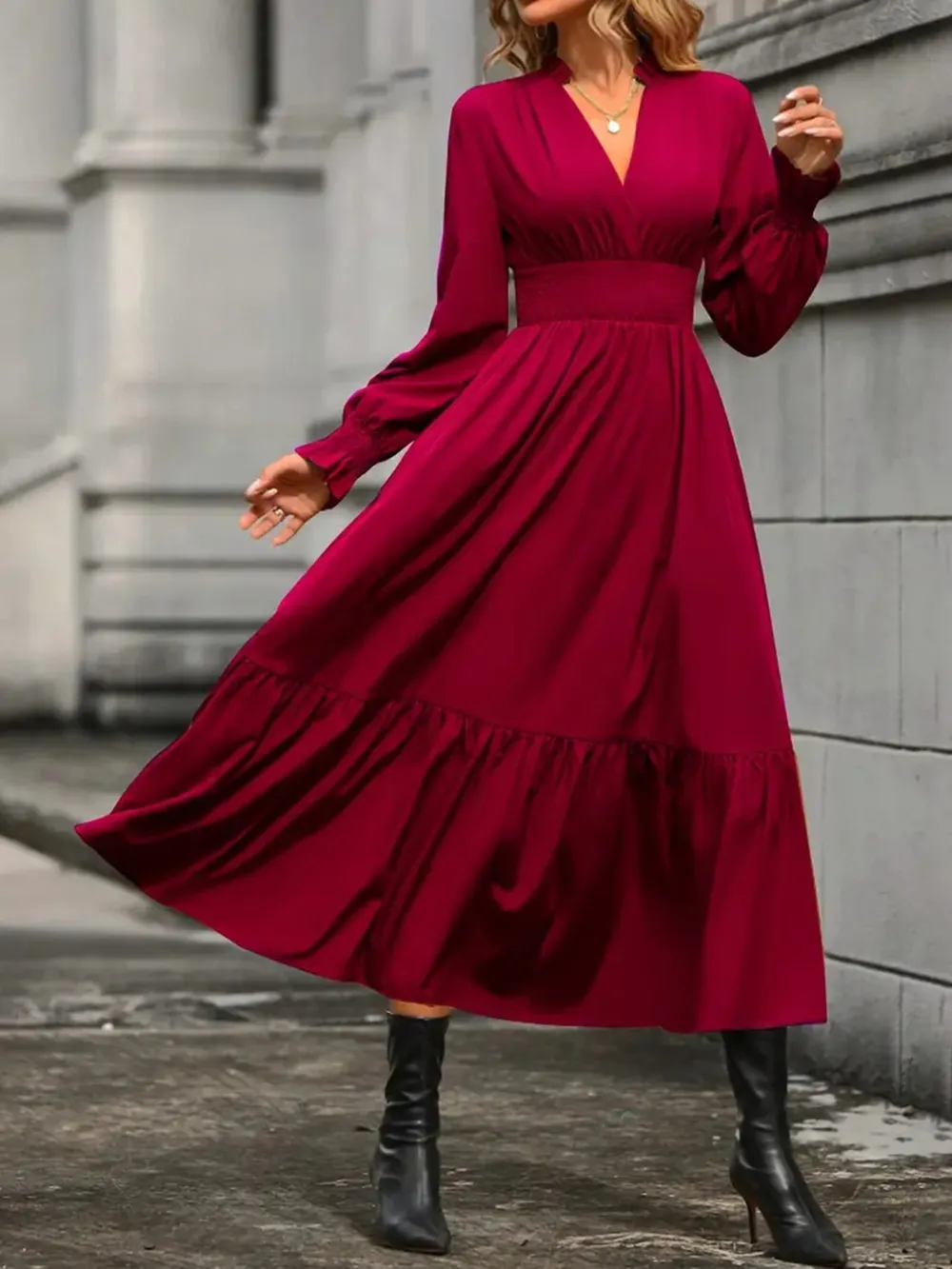 Notched Long Sleeve Tiered Dress, image 13