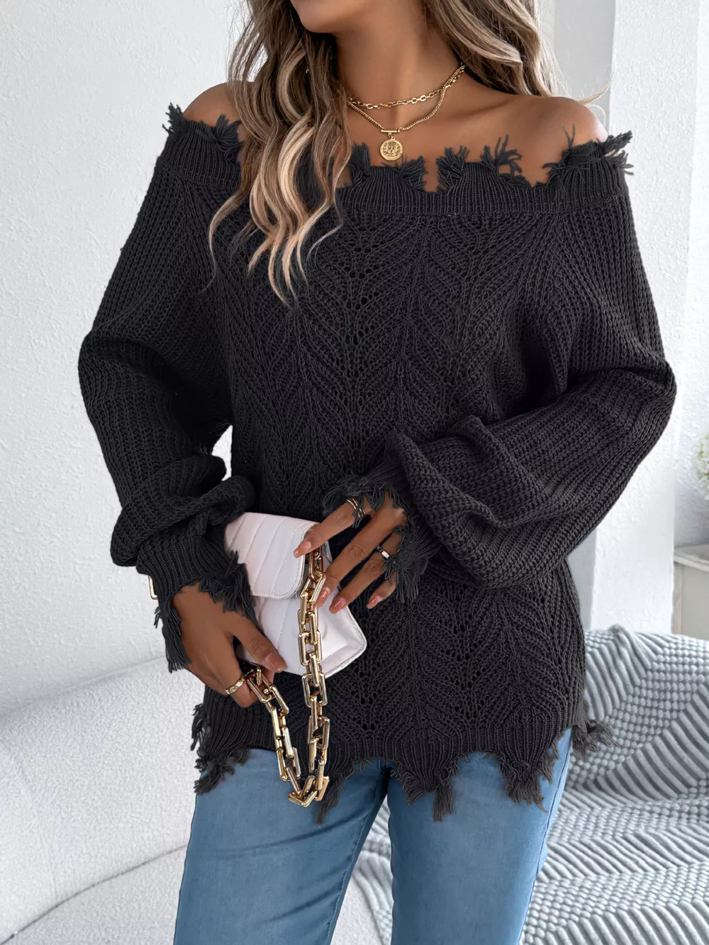 Distressed Hem Openwork Off-Shoulder Sweater, image 12