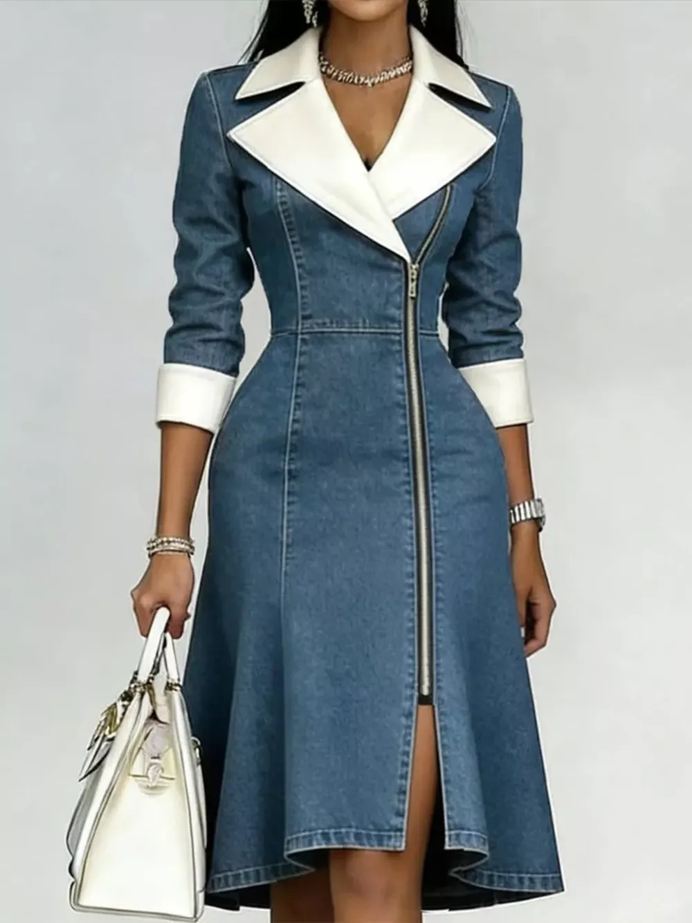 Full Size Contrast Lapel Zip-Front Denim Dress Plus Size, image 2