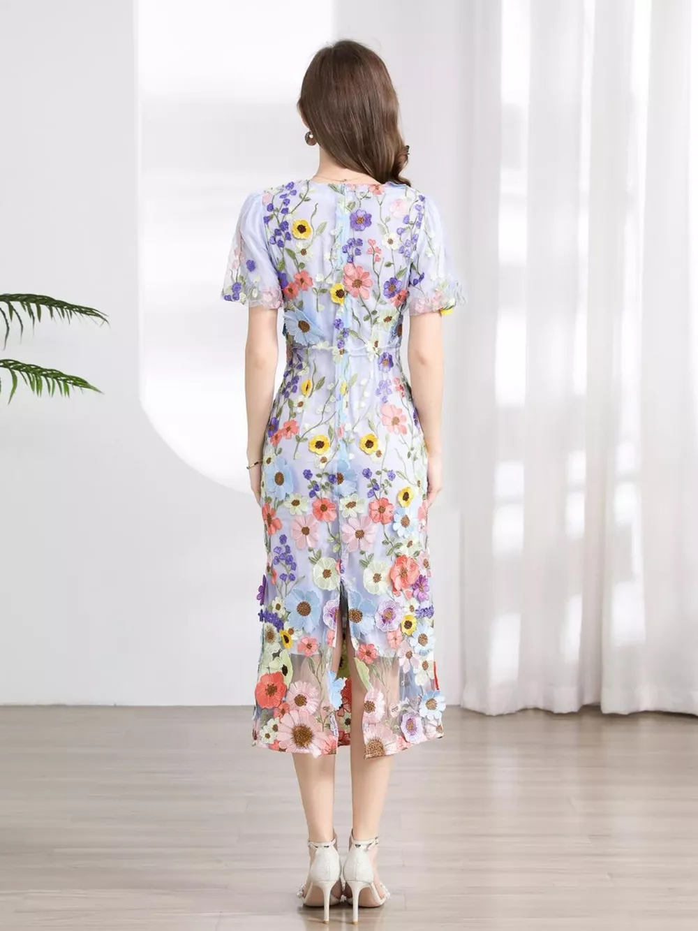 Floral Embroidered Puff Sleeve Midi Dress, image 17