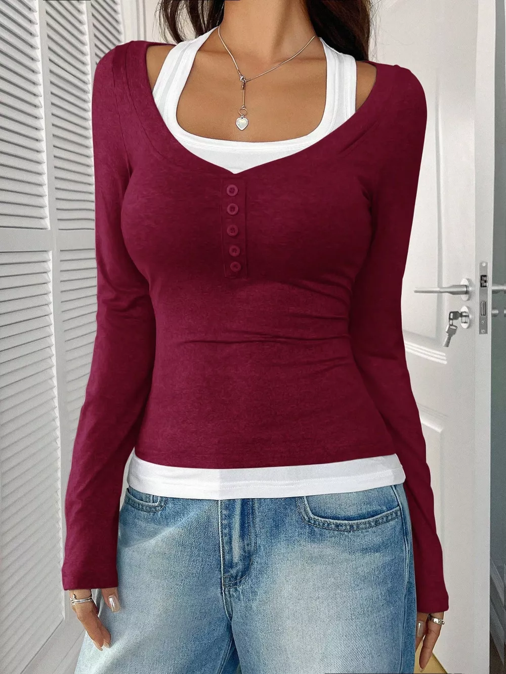 Scoop Neck Long Sleeve Fake Two-Piece T-Shirt, image 22