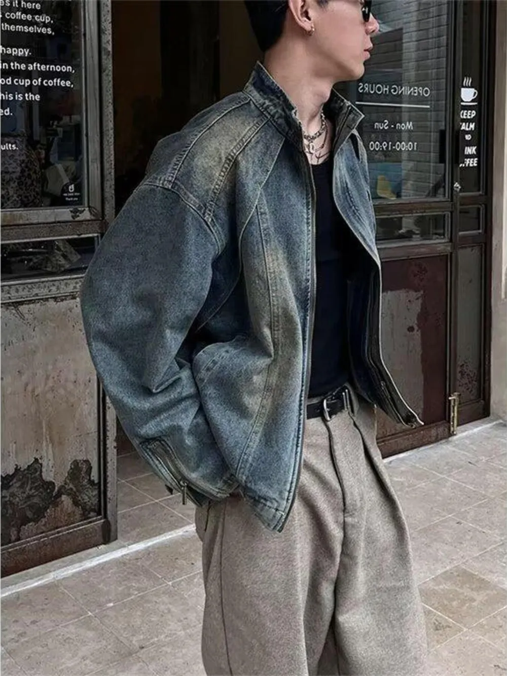 Men's Vintage Washed Denim Jacket with Classic Collar, image 4
