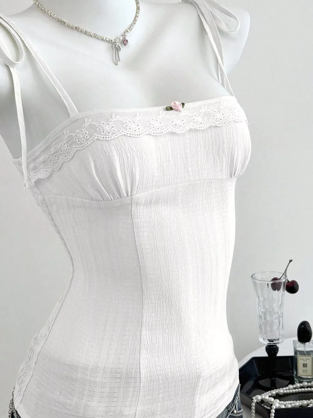 Lace-Trimmed Tie Shoulder Cami, image 10