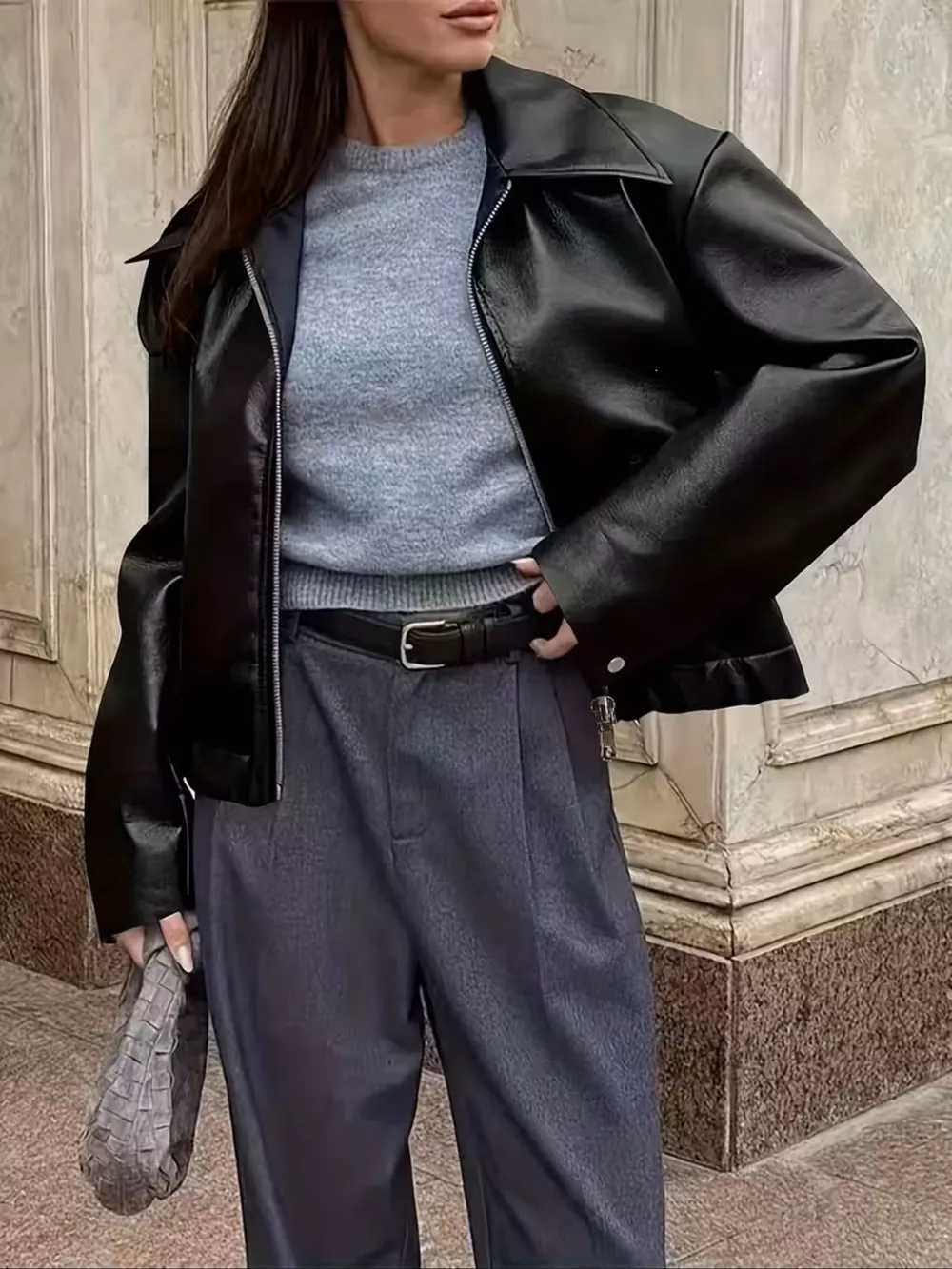 Oversized Faux Leather Zip Up Moto Jacket, image 2