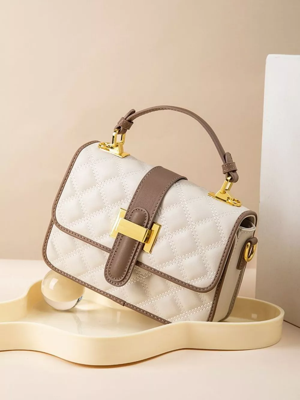 Quilted Contrast Crossbody Bag with Gold-Tone Hardware and Chain Strap, image 6