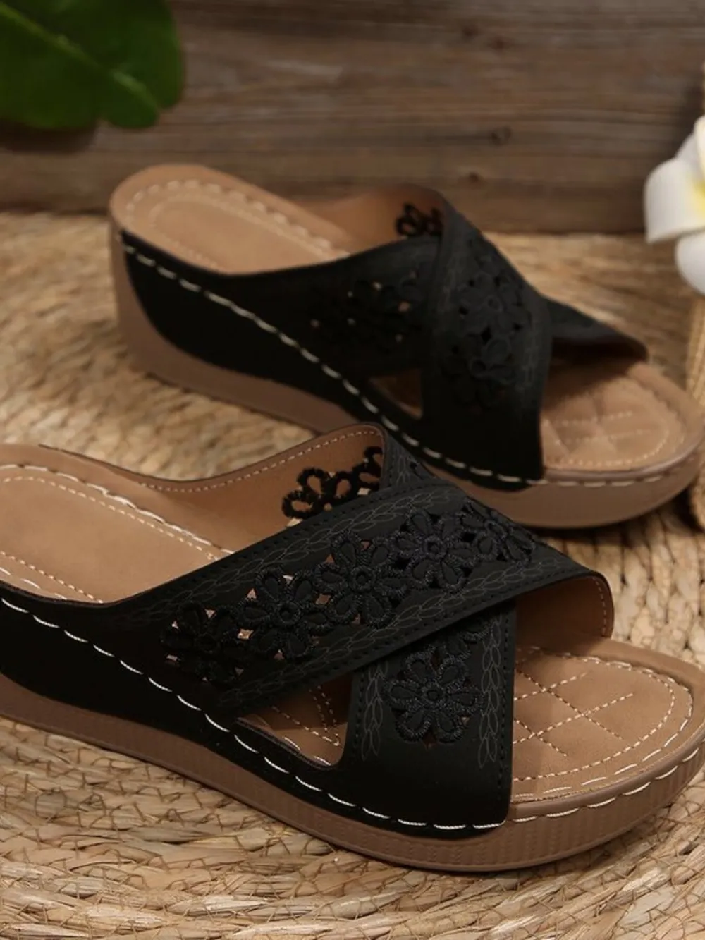 Crisscross Flower Wedge Sandals, image 3