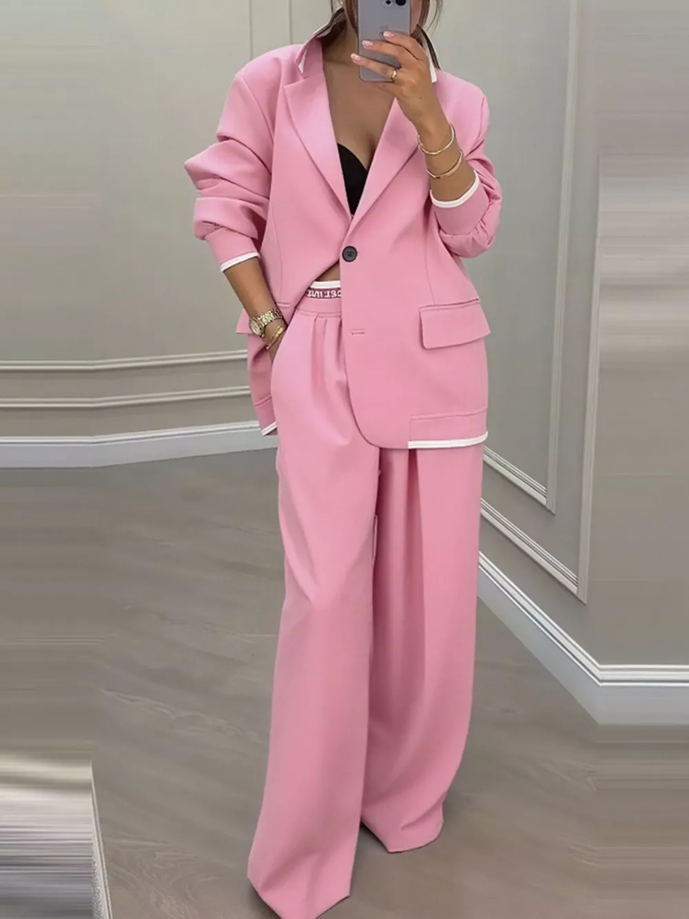 Full Size One Button Blazer and Wide-Leg Pants Set Plus Size, image 7